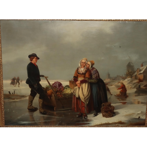 225 - Jean Platteel, 19th Century Oil on Canvas depicting salesman with sledge on a frozen lake and ladies... 