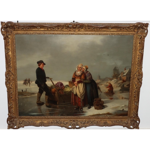 225 - Jean Platteel, 19th Century Oil on Canvas depicting salesman with sledge on a frozen lake and ladies... 