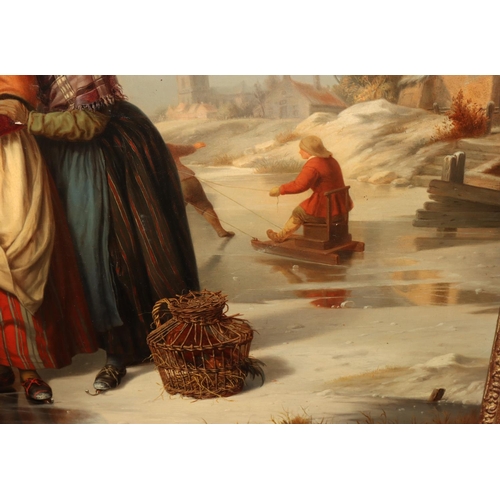 225 - Jean Platteel, 19th Century Oil on Canvas depicting salesman with sledge on a frozen lake and ladies... 