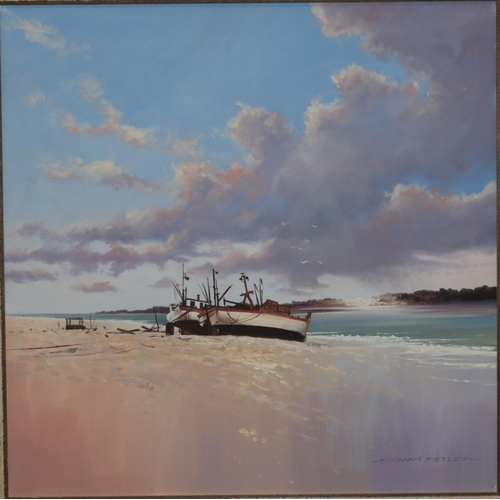 227 - Graham Petley, marine oil on canvas, 60cm x 60cm, depicting moored boats on shore, signed, in white ... 