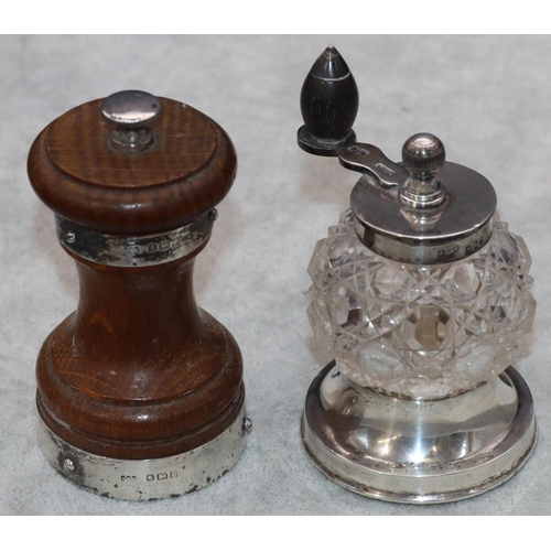 236 - A cut glass and London silver mounted round bulbous shaped pepper grinder, 9cm high and an oak and B... 