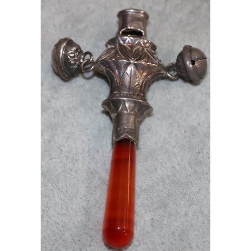 258 - A Birmingham silver child's whistle/rattle with agate teething handle, 7cm long