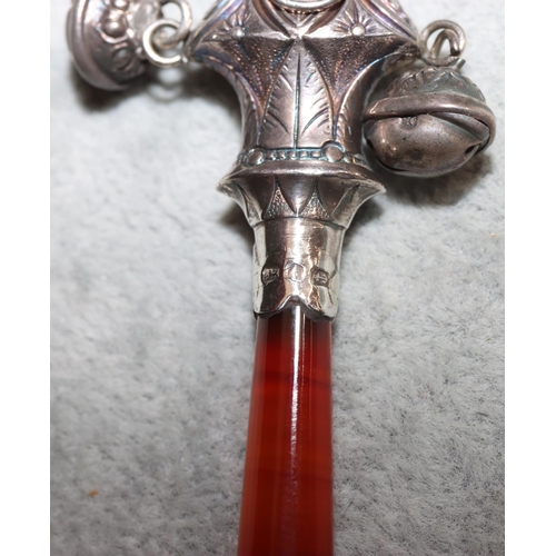 258 - A Birmingham silver child's whistle/rattle with agate teething handle, 7cm long