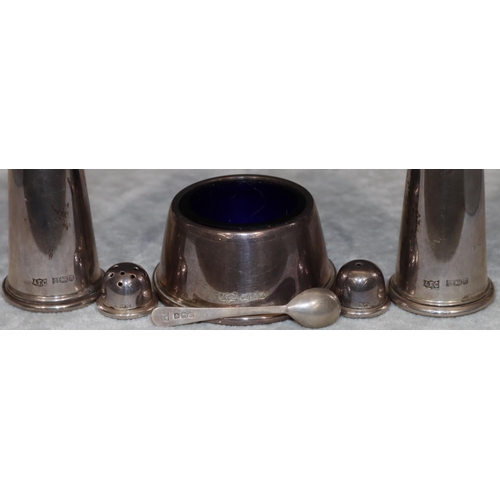 259 - A Birmingham silver 3-piece condiment set comprising of salt, pepper pot and mustard with blue glass... 