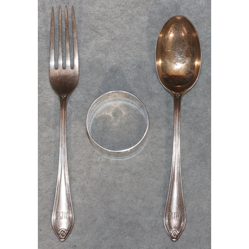 270 - A Sheffield silver 3-piece christening set, comprising of fork, spoon and napkin ring, in fitted blu... 