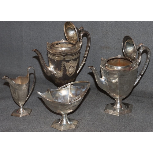 275 - A Victorian silver 4-piece hexagonal shaped tea and coffee service with engraved decoration on splay... 