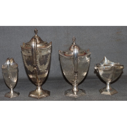 275 - A Victorian silver 4-piece hexagonal shaped tea and coffee service with engraved decoration on splay... 