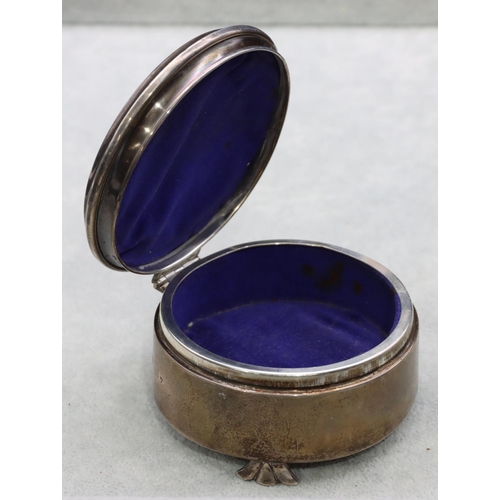 307 - A Birmingham silver round trinket box with engine turned hinged lid enclosing blue velvet interior o... 