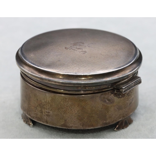 307 - A Birmingham silver round trinket box with engine turned hinged lid enclosing blue velvet interior o... 