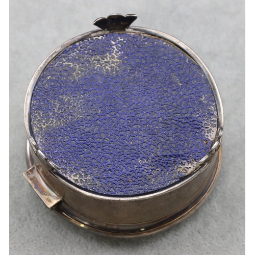 307 - A Birmingham silver round trinket box with engine turned hinged lid enclosing blue velvet interior o... 