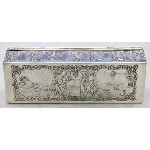 310 - A Continental silver imported rectangular shaped box with hinged lid and allover embossed figure, cu... 