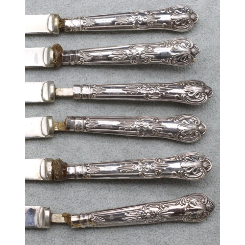 330 - A set of 6 King's pattern silver handled butter knives (in need of restoration), in fitted brown lea... 