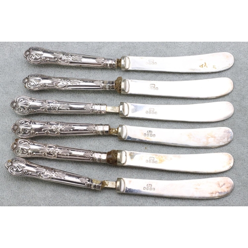 330 - A set of 6 King's pattern silver handled butter knives (in need of restoration), in fitted brown lea... 