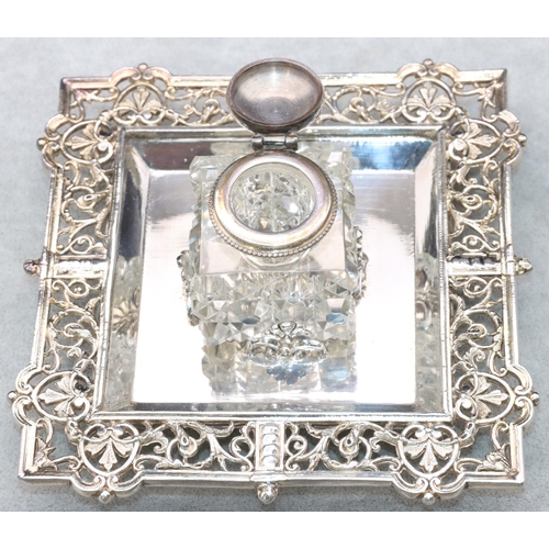 346 - A silver plated square Philip Ashderry & Sons inkstand, mounted with square cut glass inkwell, 16cm ... 