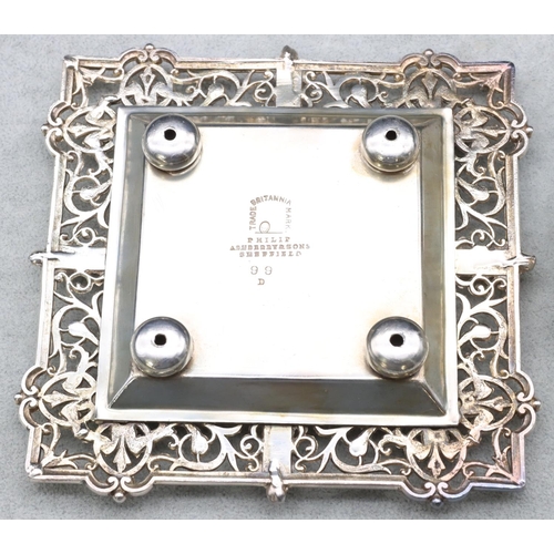 346 - A silver plated square Philip Ashderry & Sons inkstand, mounted with square cut glass inkwell, 16cm ... 