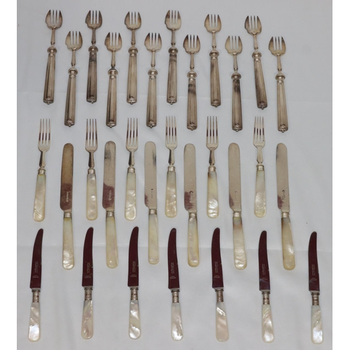 367 - A set of 6 silver plated and Mother of Pearl handled knives and 6 matching forks, a set of 6 Mother ... 