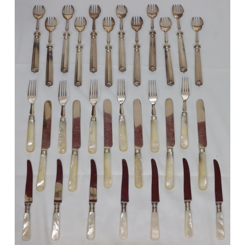 367 - A set of 6 silver plated and Mother of Pearl handled knives and 6 matching forks, a set of 6 Mother ... 