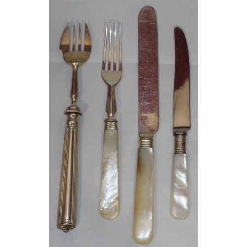 367 - A set of 6 silver plated and Mother of Pearl handled knives and 6 matching forks, a set of 6 Mother ... 