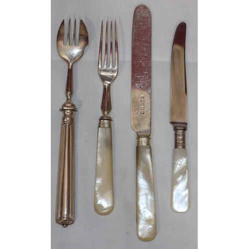 367 - A set of 6 silver plated and Mother of Pearl handled knives and 6 matching forks, a set of 6 Mother ... 