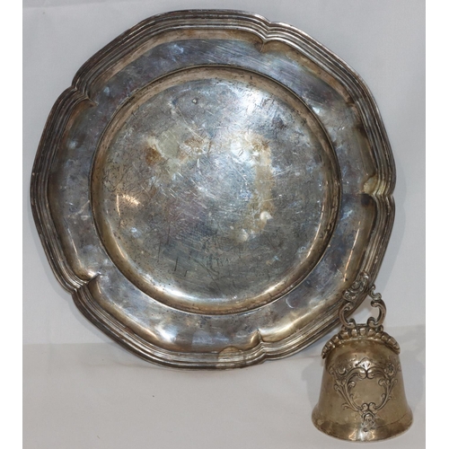 368 - An 830 silver coloured metal round bulbous shaped hand bell with embossed floral and scroll decorati... 