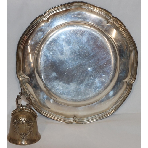 368 - An 830 silver coloured metal round bulbous shaped hand bell with embossed floral and scroll decorati... 