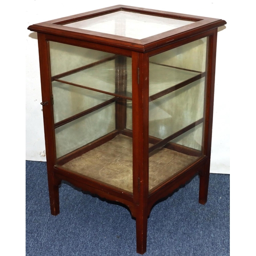 734 - An Edwardian mahogany low square display cabinet with glass panel top over drawer to front, surround... 