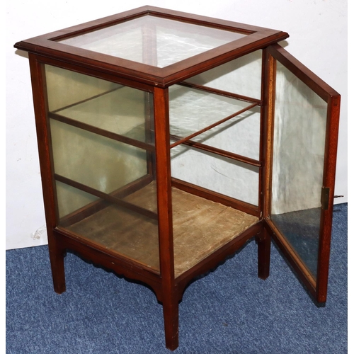 734 - An Edwardian mahogany low square display cabinet with glass panel top over drawer to front, surround... 