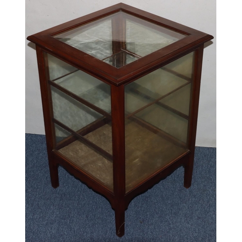 734 - An Edwardian mahogany low square display cabinet with glass panel top over drawer to front, surround... 