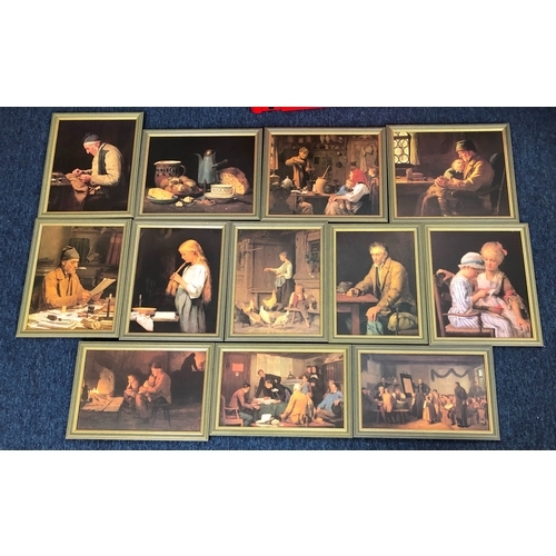 2360 - A set of 12 prints of Albert Anker artwork in matching frames, largest frame, 31.5 x 36.