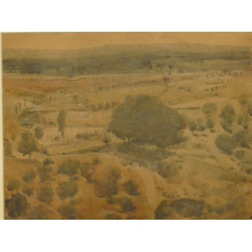 220 - Edward Pullee watercolour of open landscape from hilltop, signed, indistinctly labelled to reverse, ... 