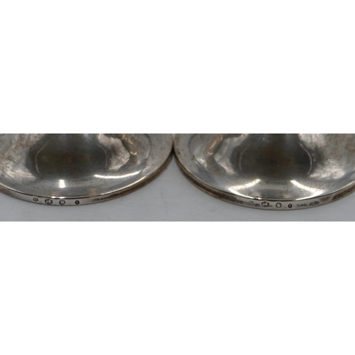 416 - A pair of Continental silver-coloured metal dwarf candlesticks on round sweeping bases, 9cm high.