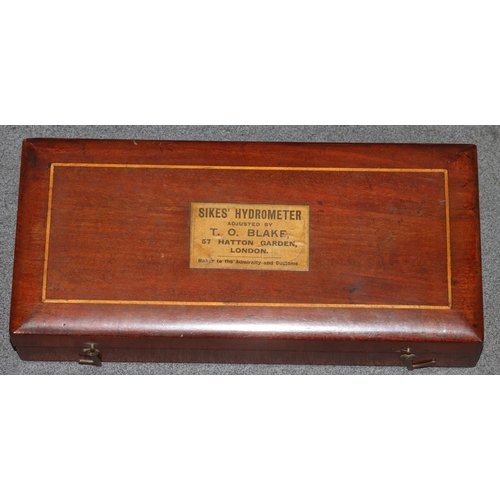 532 - A Sikes Hydrometer by Buss, London, in fitted mahogany case (part missing)