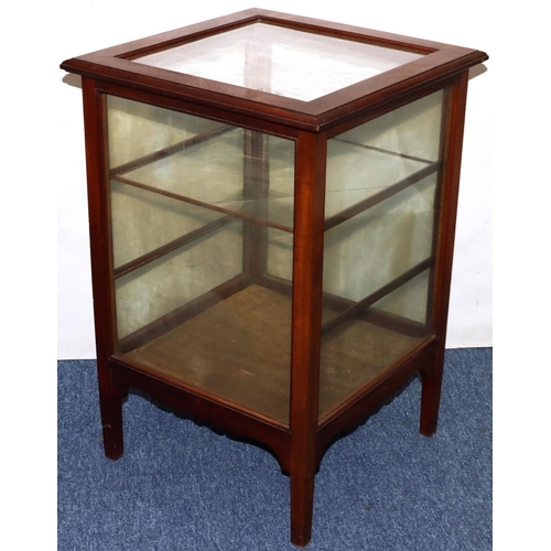 734 - An Edwardian mahogany low square display cabinet with glass panel top over drawer to front, surround... 