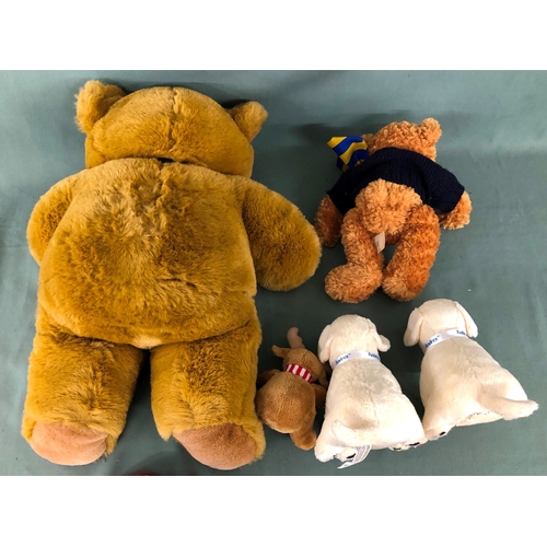 2203 - A teddy bear, 49cm long, 2 Andrex soft toy puppies, a Teddy with Channel-teddy label, a soft toy rei... 