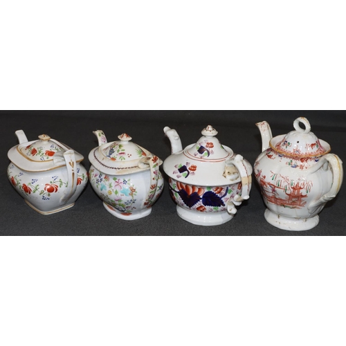 62 - A 19th Century china rectangular bulbous shaped teapot on white ground with multi-coloured floral an... 