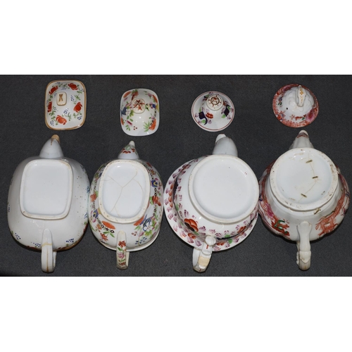 62 - A 19th Century china rectangular bulbous shaped teapot on white ground with multi-coloured floral an... 