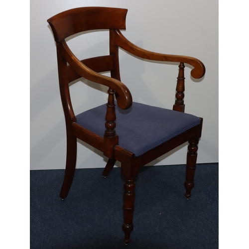 929 - A 19th Century mahogany carving chair with bar back, blue drop-in seat, on round turned legs