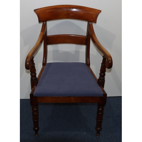 929 - A 19th Century mahogany carving chair with bar back, blue drop-in seat, on round turned legs