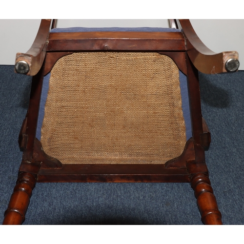 929 - A 19th Century mahogany carving chair with bar back, blue drop-in seat, on round turned legs