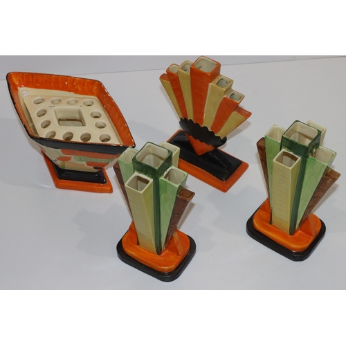 105 - A pair of Myott Son & Co. Art Deco style 5-sectioned vases on multi-coloured ground with rectangular... 