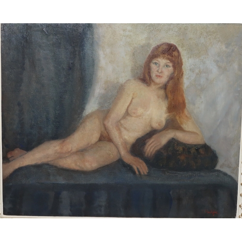 132 - L Rochfort, oil on canvas, 50cm x 60cm, portrait of a reclining female nude, signed, in white and gi... 