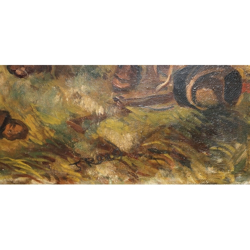 133 - An oil on canvas, 50cm x 75cm, depicting military infantry resting on side of road, unsigned, in gil... 