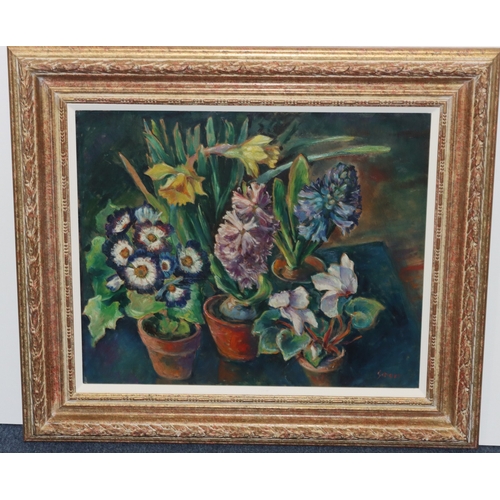 134 - Raoh Schorr (1901-1991) oil on board, 50cm x 60cm, still life depicting plotted plants, indistinctly... 