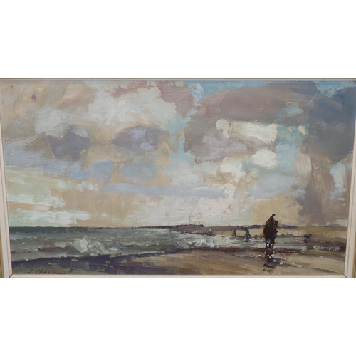 143 - Geoffrey Chatten (B. 1938), oil on board, 29cm x 50cm, depicting a beach scene with figure on horseb... 