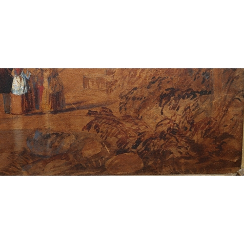 152 - A 19th Century watercolour laid to board, 46.5cm x 69.5cm, depicting various figures walking around ... 