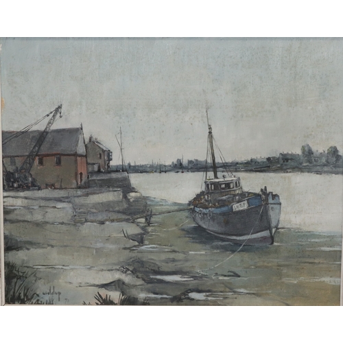 158 - Widdup Macfarlane, marine oil on board, 39.5cm x 49.5cm, depicting fishing boat at low tide with bui... 