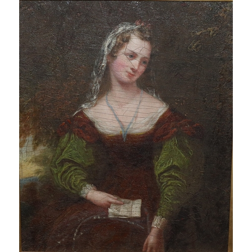 160 - A 19th Century oil on board, 29cm x 24cm, 3/4 length portrait of a young lady holding a letter, in g... 