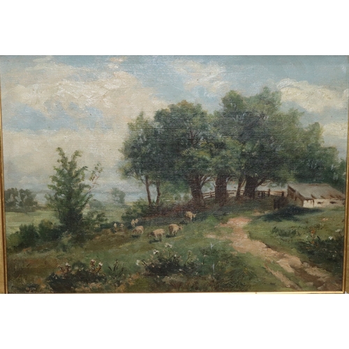 171 - A 19th Century oil on canvas, 24.5cm x 34.5cm, depicting sheep in an open field with trees and build... 