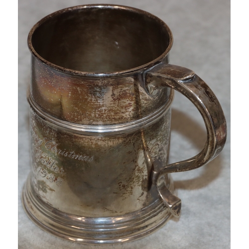 192 - A London silver christening mug with scroll handle, engraved presentation, 10cm high, 7.3oz