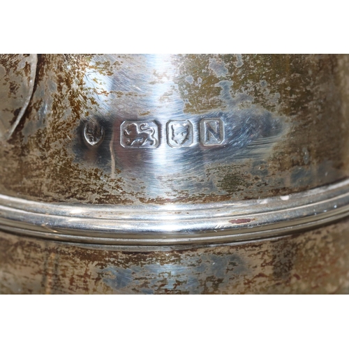 192 - A London silver christening mug with scroll handle, engraved presentation, 10cm high, 7.3oz